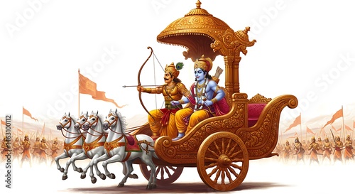 epic scene from the Mahabharata with Arjuna and Krishna on a chariot, centered on a white background
