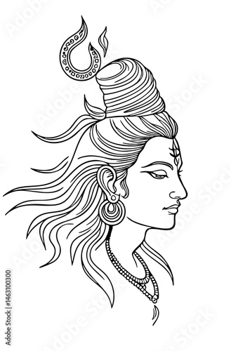 Minimalist Line Art of Lord Shiva with Third Eye and Flame Crown – Black and White Spiritual Hindu Deity Profile for Tattoo, Devotional Art, and Vector Illustration