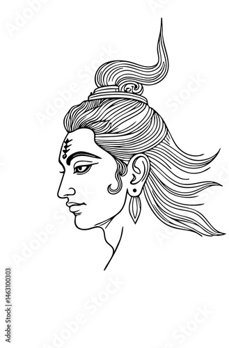 "Black and white line art of Lord Shiva's face with flowing hair and topknot in a serene expression."
