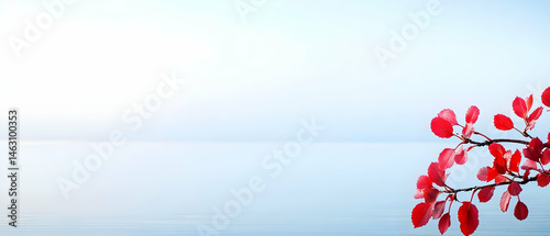 Red Autumn Leaves Over Misty Water Landscape