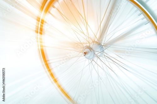 A blurred, dynamic shot of a spinning bicycle wheel, conveying speed and movement against a bright, abstract background.