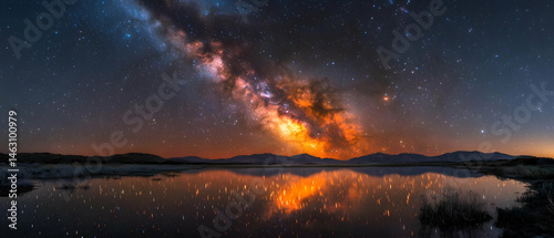 Breathtaking Milky Way Reflection Over Calm Lake At Night