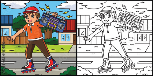 Inline Skater Carrying Radio Coloring Illustration