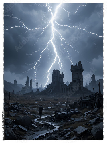 Lightning storm forming over irradiated battlefield ruins