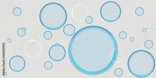 Floating blue bubbles on a white background. Bubbles vary in size, creating a light, airy feel. Blue bubbles add a sense of freshness and purity. Soap bubble element vector set.