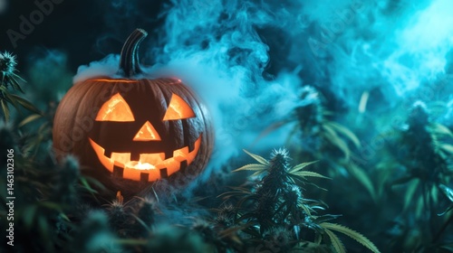 Mystic Halloween: Eerie Pumpkin Amidst Cannabis, Veiled in Spectral Blue Smoke