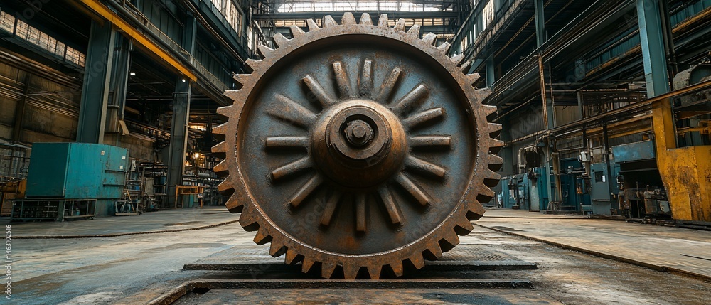 Fototapeta premium Large gear in industrial factory, machinery and infrastructure visible