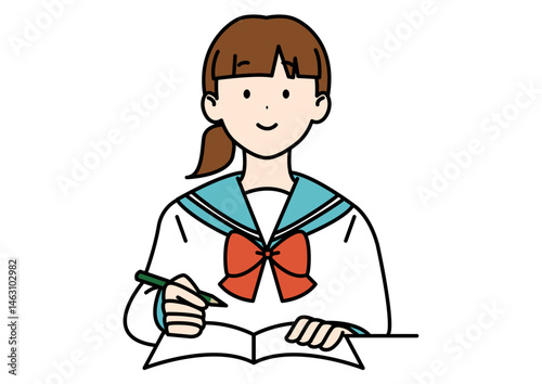 勉強する高校生 セーラー リボン ポニーテール