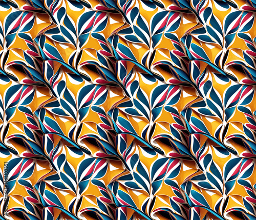 Abstract vector seamless pattern with colorful feathers and swirling lines creates a vibrant textile design