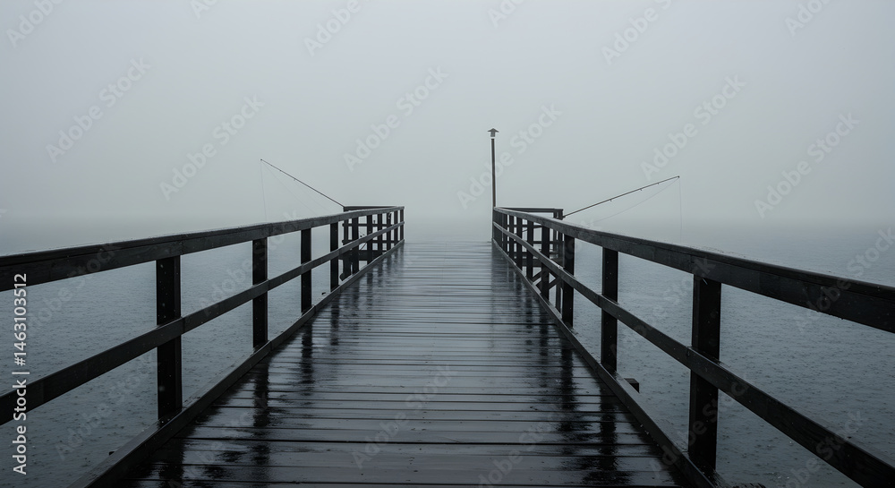 Fototapeta premium A Rainy Day On The Pier In a Misty Landscape With Fishing Rods