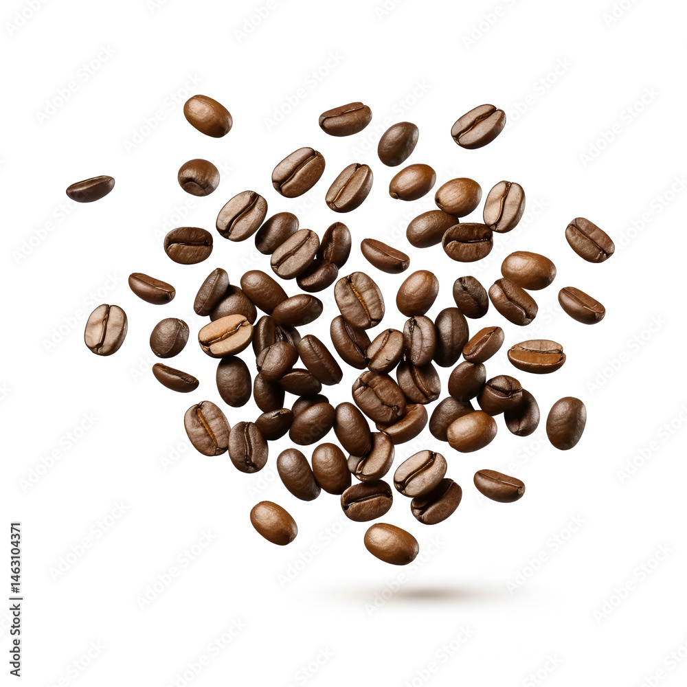 Coffee beans falling in the air isolated on a white background. Coffee beans flying. Coffee beans falling in the air isolated on a white background. Coffee beans flying.