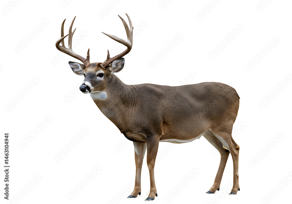 Obraz premium A deer standing on a white background with large antlers and a grey and brown coat looking forward