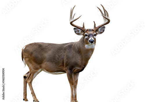 A whitetail deer with large antlers standing against a plain white background in a studio shot image