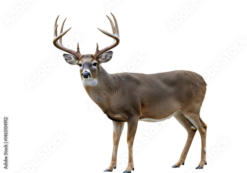 A full body view of a male deer with large antlers standing against a white background in a studio shot