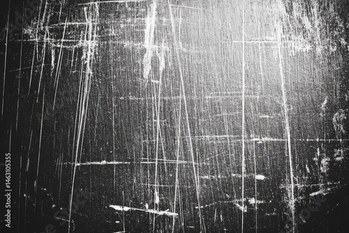 Dark surface with numerous scratches and marks.  Light highlights and varying textures