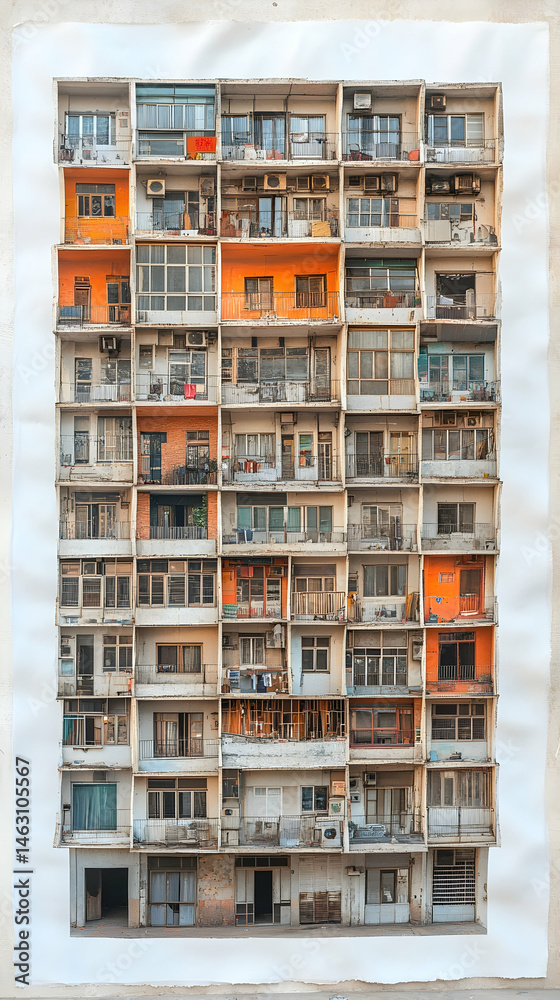 Urban apartment building facade, a detailed view of many windows and balconies Urban apartment building facade, a detailed view of many windows and balconies