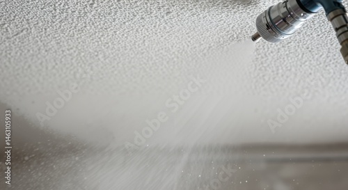 Close-up of a professional spray gun applying a white textured acoustic coating, commonly known as popcorn ceiling, to an interior surface during a home renovation or construction project. photo