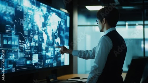 Asian Business Analyst Examining Global Data Visualization on Interactive Screen
