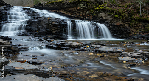 Cascading Waters Flowing Over Rocky Ledges In A Natural Forest Landscape