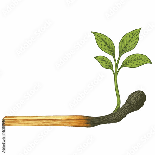 Burnt Matchstick with Tree Sprout Vector – Symbol of Rebirth After Destruction