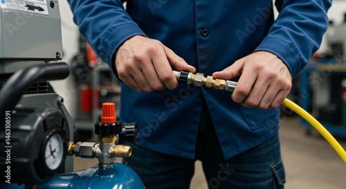 Close-up of a male worker's hands as he connects a yellow pneumatic hose to an air compressor unit in an industrial workshop environment.