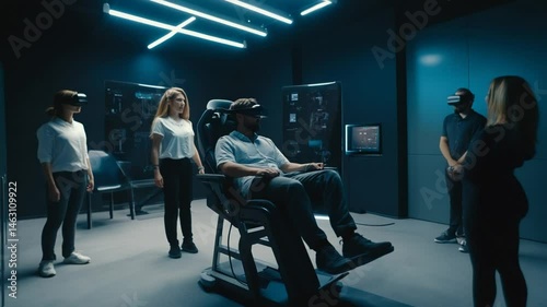 Immersive Virtual Reality Experience in High-Tech Lab with VR Headsets and Interactive Chair