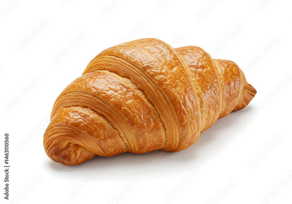 A single croissant with golden brown crust sitting on a white surface in a studio setting isolated view A single croissant with golden brown crust sitting on a white surface in a studio setting isolated view