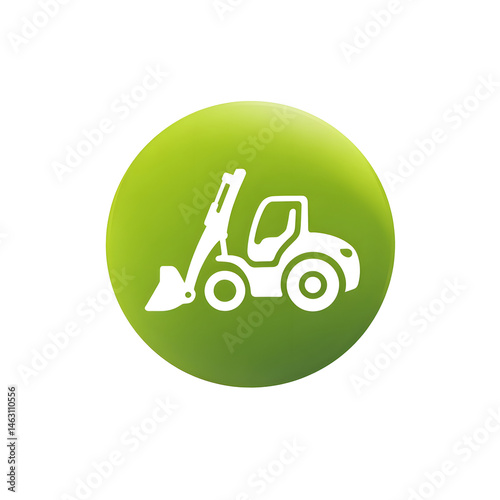 Minimalist green circular icon featuring a simple white silhouette of a backhoe loader in profile representing construction equipment and industrial