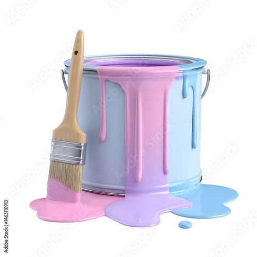 A 3D render of a round glossy paint bucket in soft pastel colors with a vibrant color spill and a small paintbrush leaning against it set against a clean white background