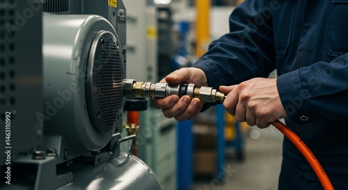 Close-up of a male technician's hands meticulously connecting an orange pneumatic air hose to an industrial compressor unit in a manufacturing workshop.