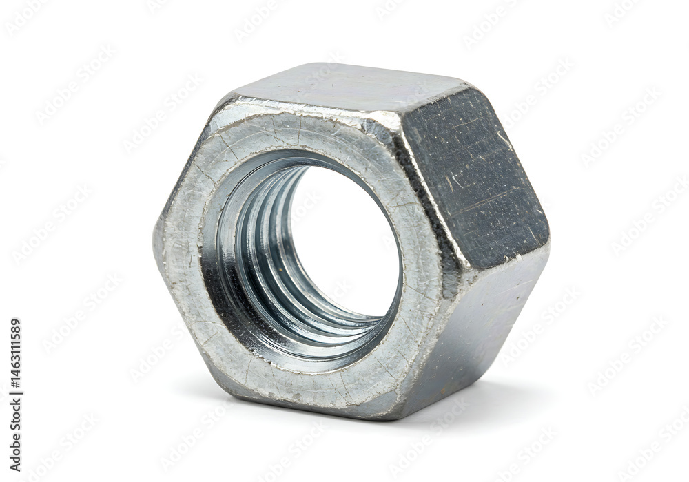 A close up shot of a shiny metal hex nut with visible threading against a white background surface area A close up shot of a shiny metal hex nut with visible threading against a white background surface area