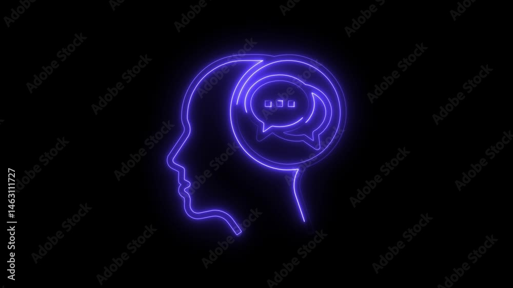 Neon head thinking speech bubble mental health idea concept on black background Neon head thinking speech bubble mental health idea concept on black background