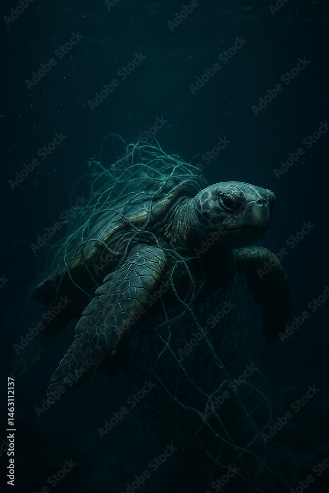 Fototapeta premium A sea turtle struggling underwater, its body entangled in torn fishing nets, symbolizing the impact of ocean pollution. The scene is dark and moody, with murky blue lighting and deep shadows