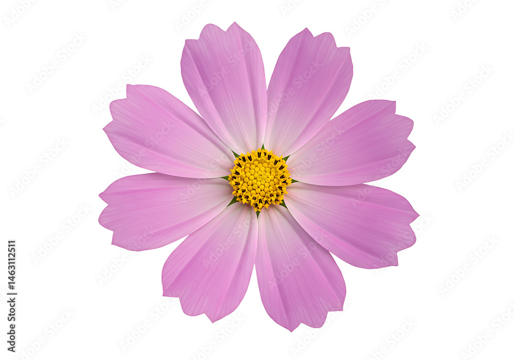 A single isolated pink cosmos flower with a yellow center on a clean white background image view A single isolated pink cosmos flower with a yellow center on a clean white background image view