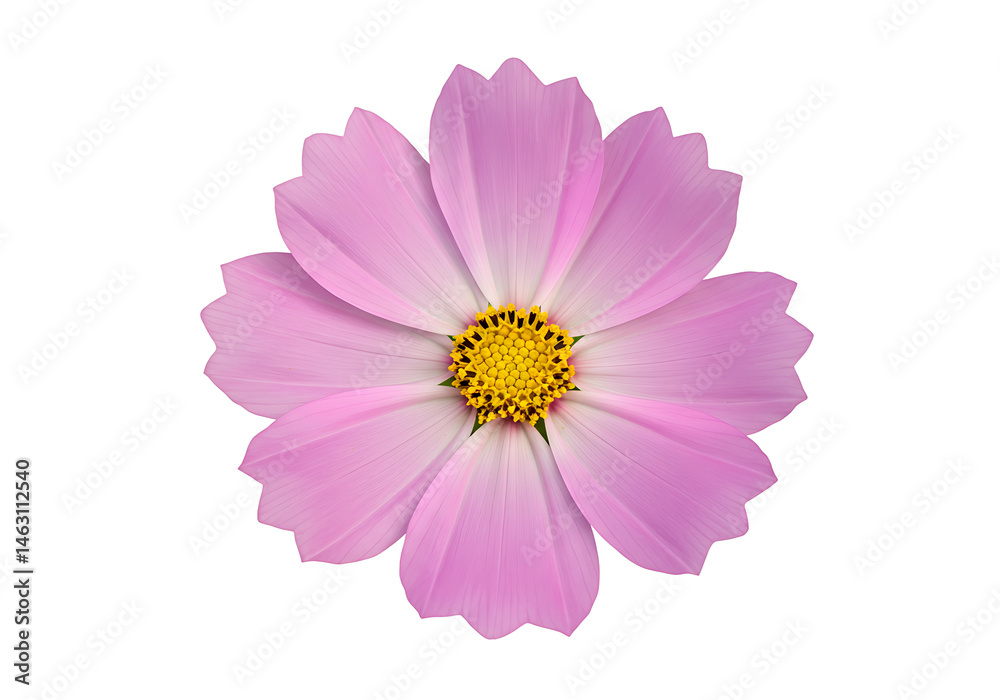 Isolated close up of a light pink cosmos flower with a yellow center on a white background view from above Isolated close up of a light pink cosmos flower with a yellow center on a white background view from above
