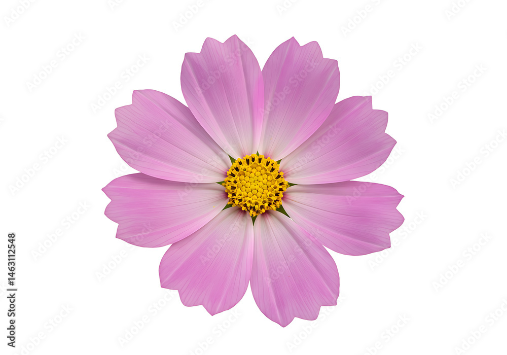 A close up image of a light pink cosmos flower with a yellow center on a white background setting A close up image of a light pink cosmos flower with a yellow center on a white background setting