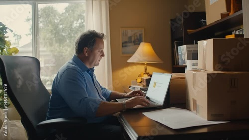 Middle-Aged Entrepreneur Working on Laptop Surrounded by Boxes in Home Office Setting