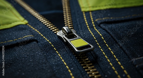 Detailed close-up of a metallic brass zipper with a lime green accent on its pull tab, set against dark blue denim fabric with yellow stitching.