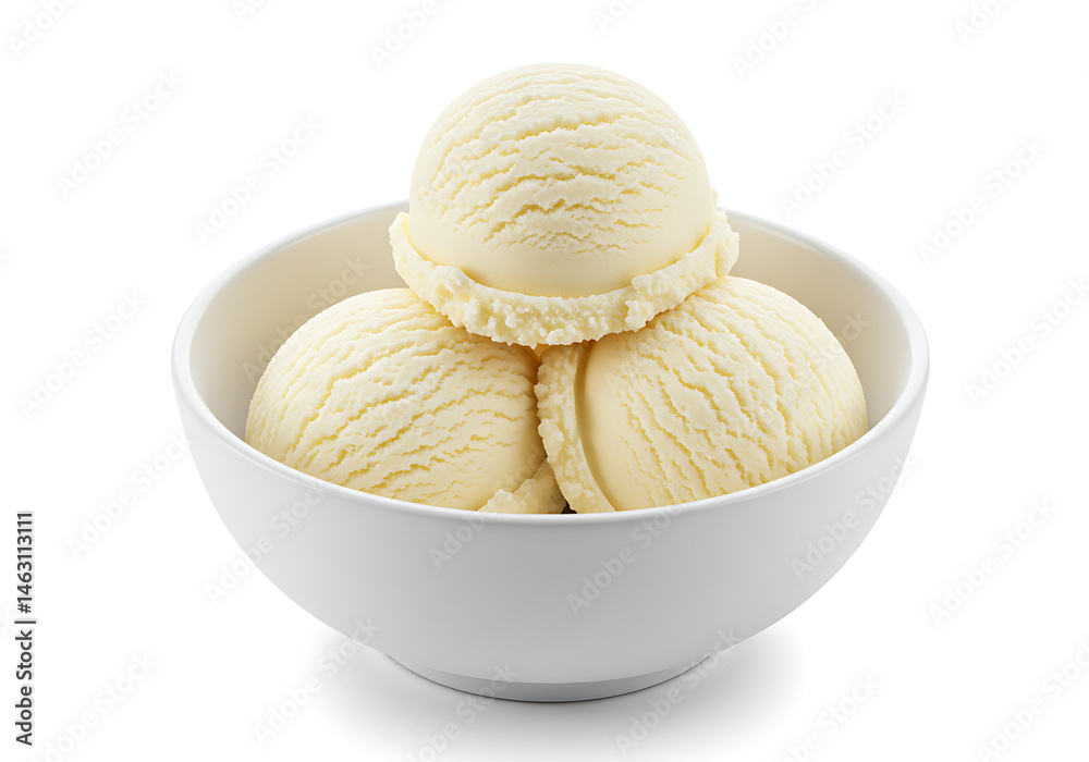 A white bowl filled with three scoops of vanilla ice cream on a white background in a studio shot A white bowl filled with three scoops of vanilla ice cream on a white background in a studio shot