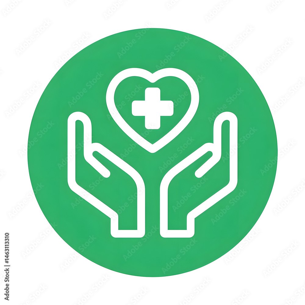 Illustrated icon depicting caring hands lifting and supporting a heart with a medical cross symbolizing compassionate healthcare and support Illustrated icon depicting caring hands lifting and supporting a heart with a medical cross symbolizing compassionate healthcare and support