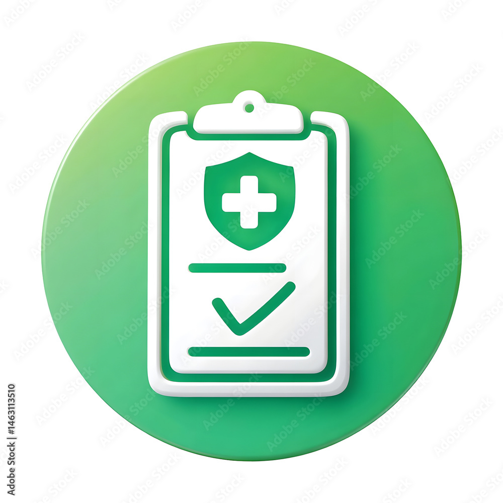 A clean modern icon depicting a medical clipboard with a white cross and shield symbol along with a checkmark all set against a vibrant green circular background A clean modern icon depicting a medical clipboard with a white cross and shield symbol along with a checkmark all set against a vibrant green circular background