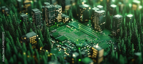 A miniature cityscape built on a green circuit board. showcasing urban architecture amidst lush forest surroundings. symbolizing technology and nature's coexistence