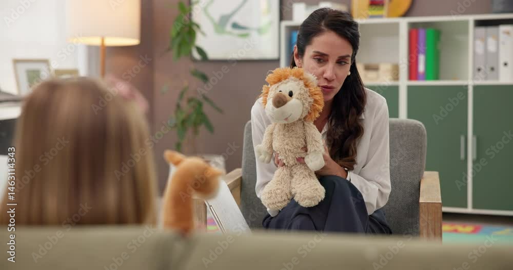 Therapy, psychologist and woman with child, toys or ADHD with education, role play or help. Consulting, therapist and girl kid in session with counseling evaluation, development or stuffed animals