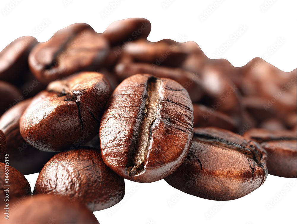 Fototapeta premium Roasted coffee beans closeup detailed macro photography image dark rich on transparent background