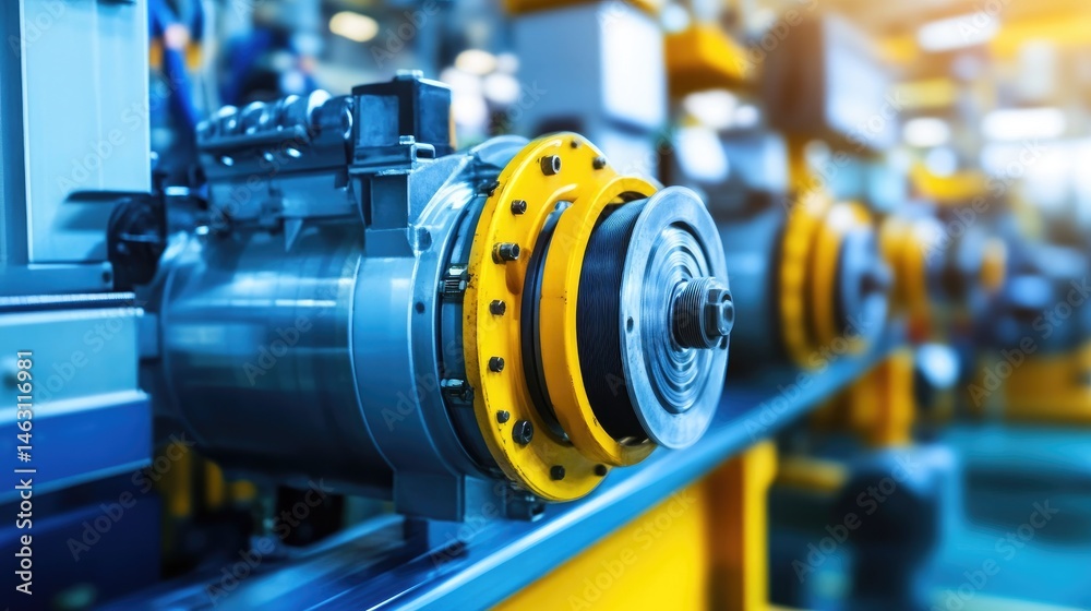 Fototapeta premium Close-up view of industrial motors on a production line in a modern factory setting. showcasing advanced engineering and manufacturing processes. with machinery in the background
