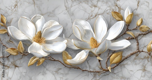 Elegant white magnolia flowers with gold accents on a gray background.