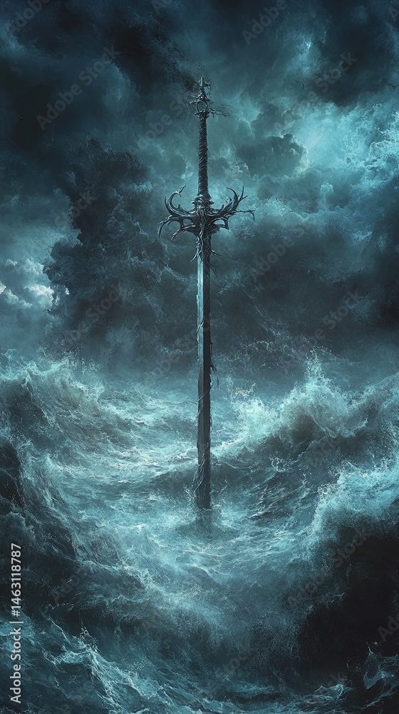 Naklejka premium Dark Spear in Turbulent Ocean Waves under Stormy