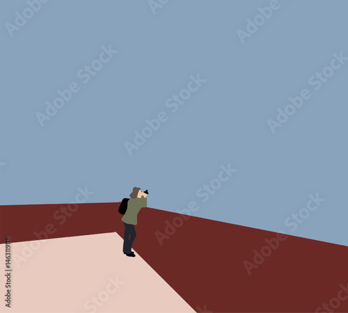 Traveler take photo skyscape on view point. Photographer on holiday vacation. Hobbies, Leisure and relax.