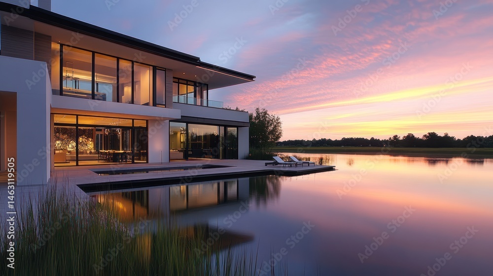 Modern waterfront home with sunset reflections offering luxurious lakeside living Modern waterfront home with sunset reflections offering luxurious lakeside living