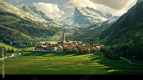 Mountain valley with village nestled in green valley.
